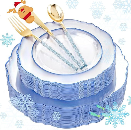 Liacere 150PCS Clear and Blue Plastic Plates-Clear and Blue Disposable Plates with Glitter Bamboo Handle Cutlery-60 Baroque Elegant Plates, 30 Forks, 30 Spoons, 30 Knives for Wedding＆Christmas
