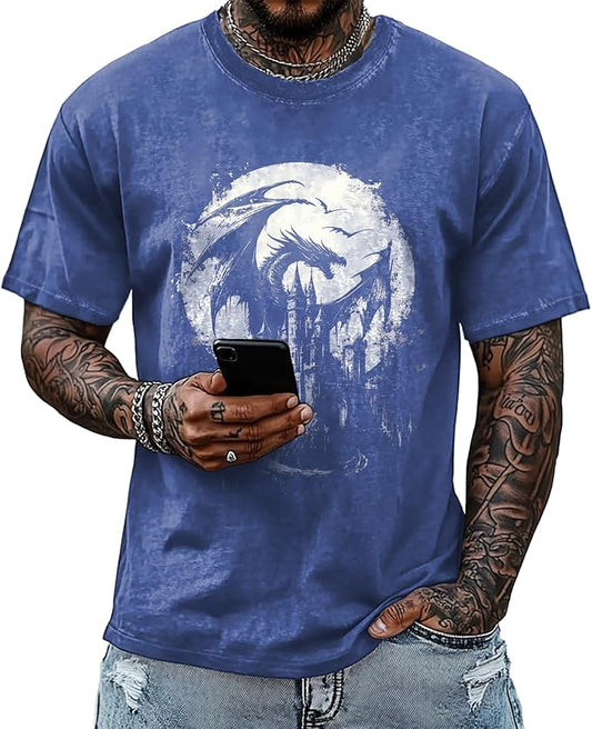 Mens Dragon Grpahic T-Shirts Short Sleeve 100% Cotton Crewneck Big and Tall Outdoor Summer Quick Dry Undershirts