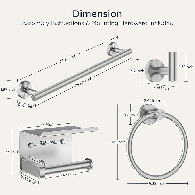 FORIOUS Bathroom Hardware Accessories Set, SUS304 Stainless Steel 24 Inch Towel Bar Set Wall Mounted, Modern Toilet Paper Holder with Shelf for Bathroom, 5 Pieces (Stainless Steel)