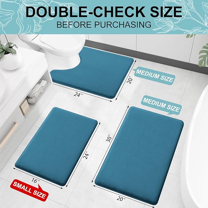 Smiry Memory Foam Bath Mat 59x34, Extra Soft and Absorbent Bathroom Mats, Non Slip Washable Carpet for Floor, Shower and Tub, Peacock Blue
