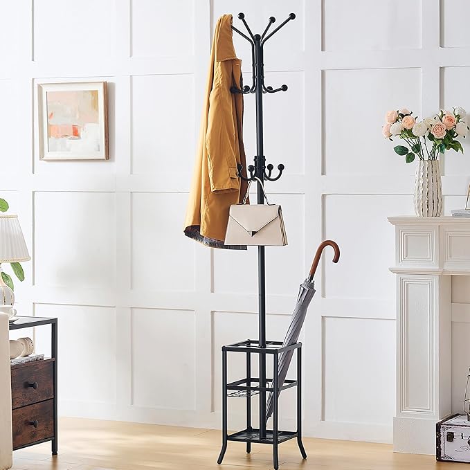 FAVOOSTY Coat Rack Freestanding,Coat Rack Stand with Umbrella Holder,Metal Coat Tree with 12 Hooks,Tree Clothes Hat for Entryway, Hallway, Bedroom, Living Room & Office -Black