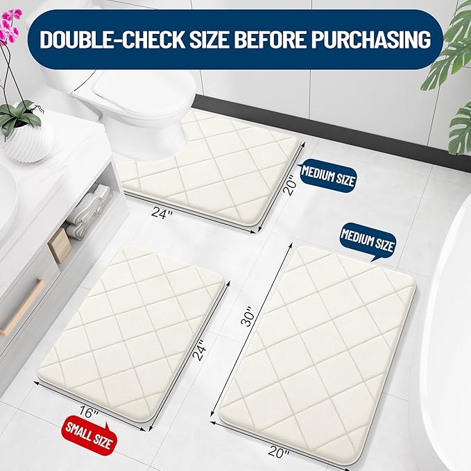 OLANLY Memory Foam Bath Mat 30x20, Ultra Soft and Absorbent Bathroom Rugs, Machine Washable, Comfortable Bath Carpet for Bathroom Floor, Tub and Shower, Ivory