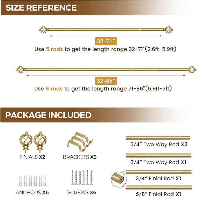 KAMANINA Gold Curtain Rods for Windows 48 to 84 Inch, Adjustable Single Curtain Rod 32 to 86 Inch(2.6-7.1ft), 3/4 Inch Splicing Drapery Rods with Twisted Cage Finial