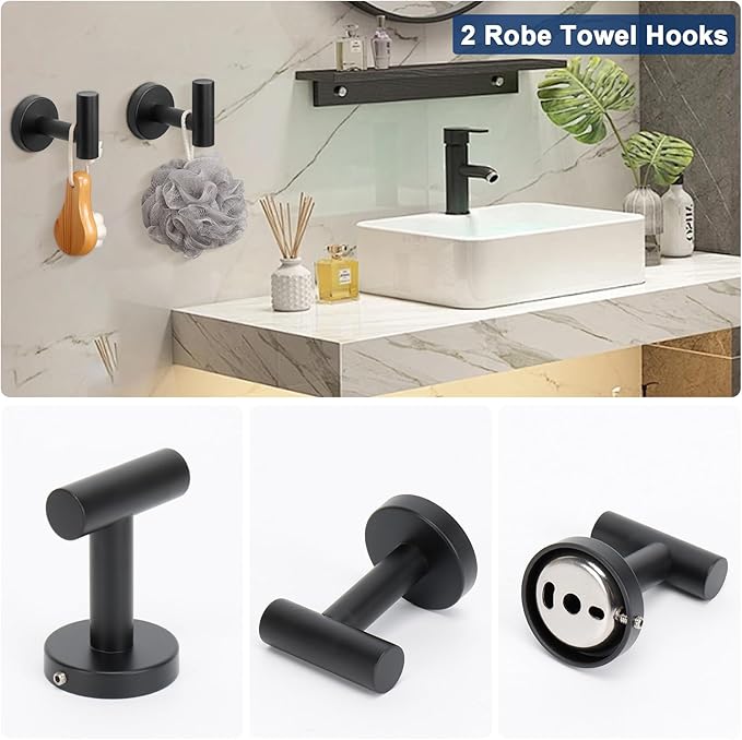NearMoon 5 Pieces Bathroom Hardware Set SUS304 Thicken Stainless Steel-Towel Rack Kit Include 24" Towel Rod +Bath Towel Ring +Toilet Paper Holder +2 Robe Towel Hooks Bath Accessories (Matte Black)