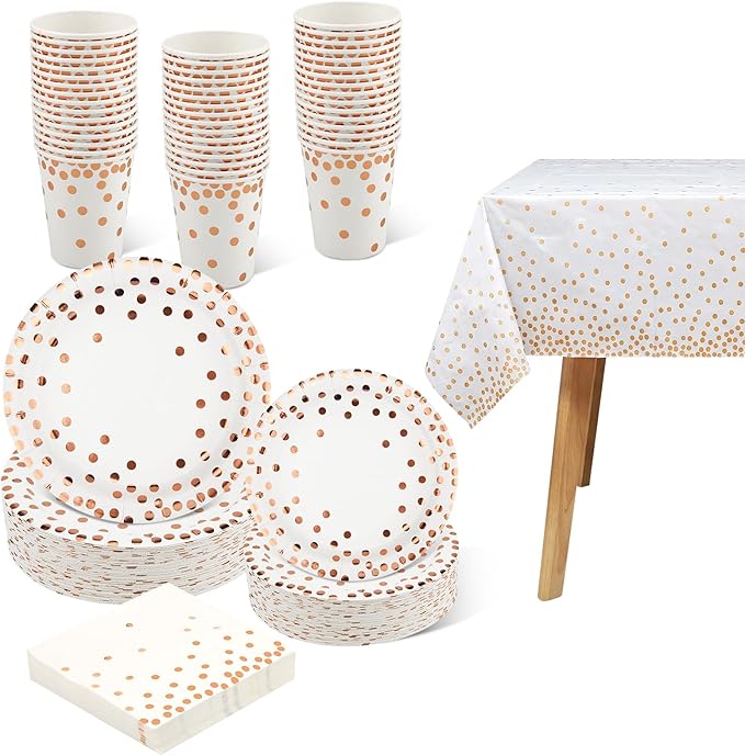 201PCS Disposable Paper Plates Rose Gold Party Supplies, Polka Dots Birthday and Baptism Decorations, include Cups, Napkins, Plastic Tablecloth, for Baby Shower, Mother's Day