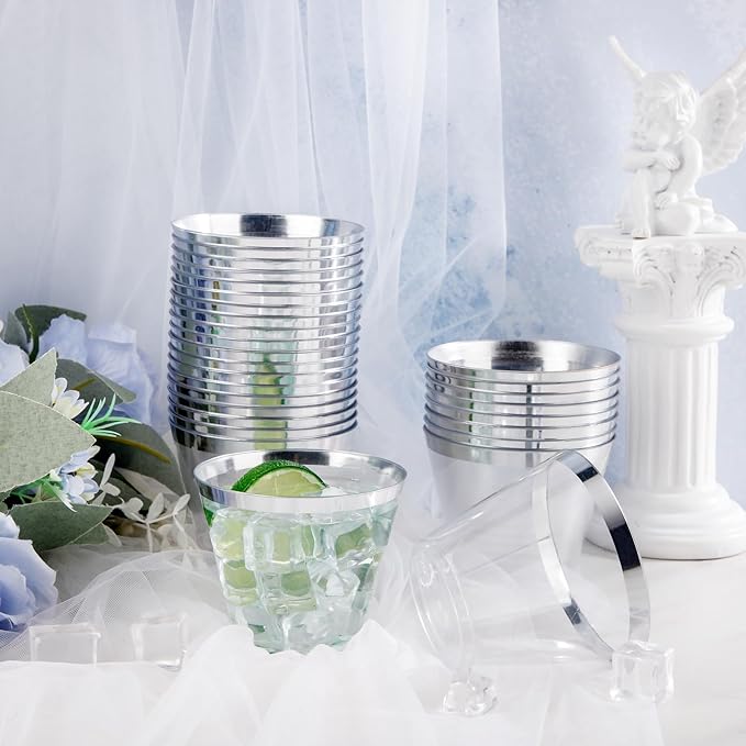 Ciaell 200PCS Silver Plastic Cups - 9Oz Heavy Duty Plastic Cups - Silver Rimmed Cup - Disposable Clear Cup with Silver Rim for Party & Wedding