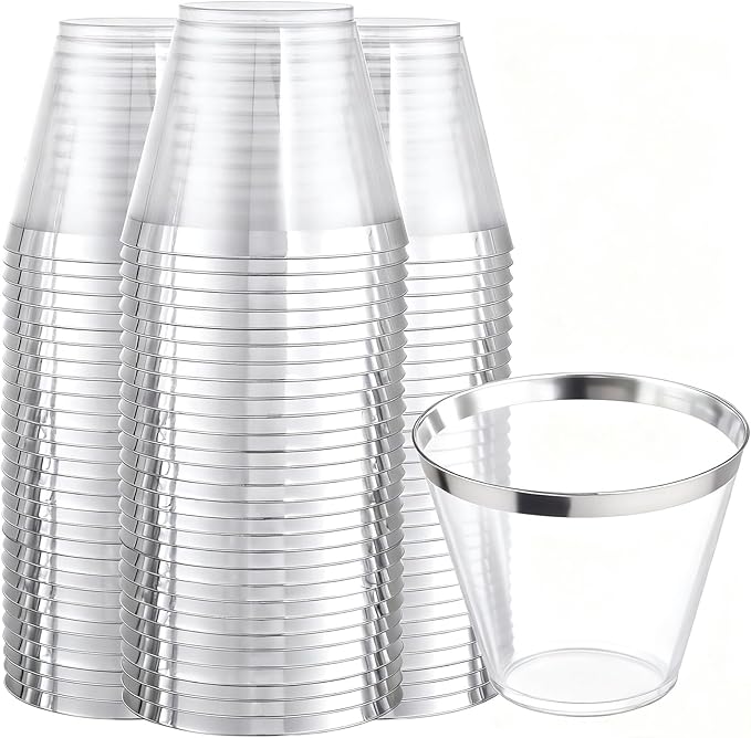 Ciaell 200PCS Silver Plastic Cups - 9Oz Heavy Duty Plastic Cups - Silver Rimmed Cup - Disposable Clear Cup with Silver Rim for Party & Wedding