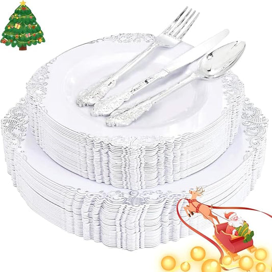 Liacere 150PCS Silver Plastic Plates with Silver Cutlery - Disposable Plastic Plates Include 30Dinner Plate, 30Dessert Plate, 30Knives, 30Spoons, 30Forks - Ideal for Wedding&Christmas