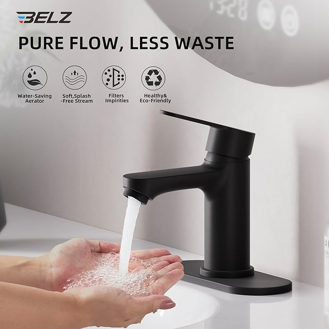 BELZ Bathroom Faucet, Single Handle Matte Black Sink Faucet for 1 or 3 Hole Installation, Modern Lead-Free Metal Vanity Faucet with Pop-Up Drain & Supply Hoses (Matte Black)