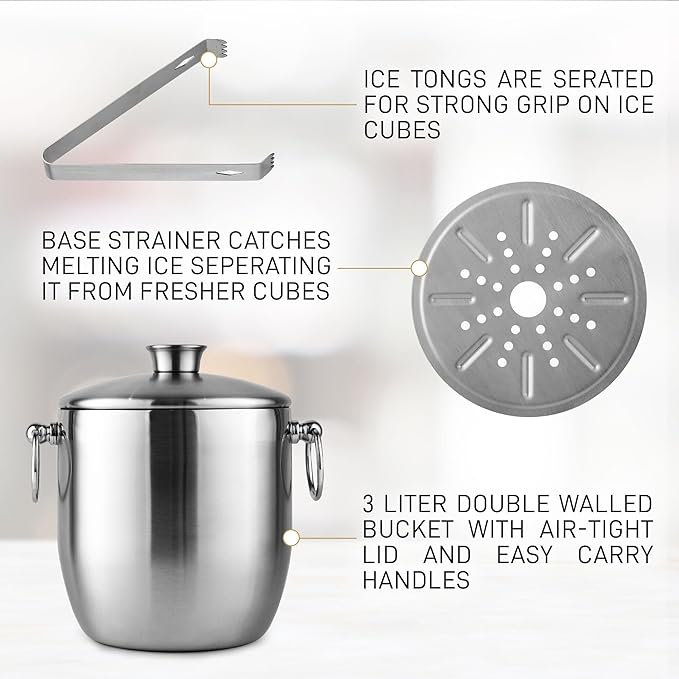 Zulay Kitchen Premium Stainless Steel Double-Wall Insulated Ice Bucket Kit – 3L, Leak-Proof, Stylish Drink Cooler for Parties, Cocktails, Wine, and Whiskey – Perfect for Home & Bar Use