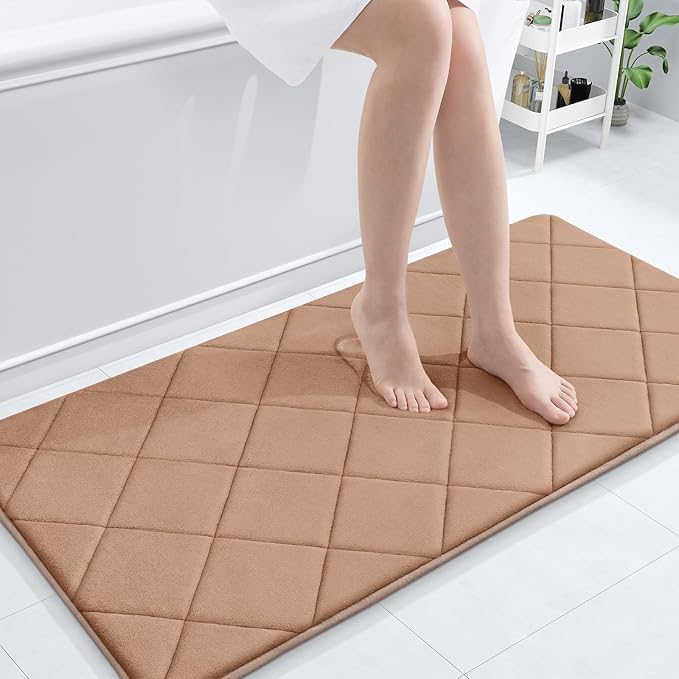 OLANLY Memory Foam Bath Mat 44x24, Ultra Soft and Absorbent Bathroom Rugs, Machine Washable, Comfortable Bath Carpet for Bathroom Floor, Tub and Shower, Dark Beige