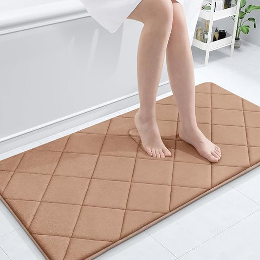 OLANLY Memory Foam Bath Mat 44x24, Ultra Soft and Absorbent Bathroom Rugs, Machine Washable, Comfortable Bath Carpet for Bathroom Floor, Tub and Shower, Dark Beige