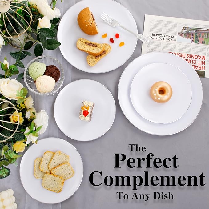 KIRE 100PCS Silver Plastic Plates - Heavy Duty White Disposable Plates with Silver Rim for Party/Wedding - Include 50Pcs 10.25inch Dinner Plates and 50Pcs 7.5inch Dessert Plates for Christmas