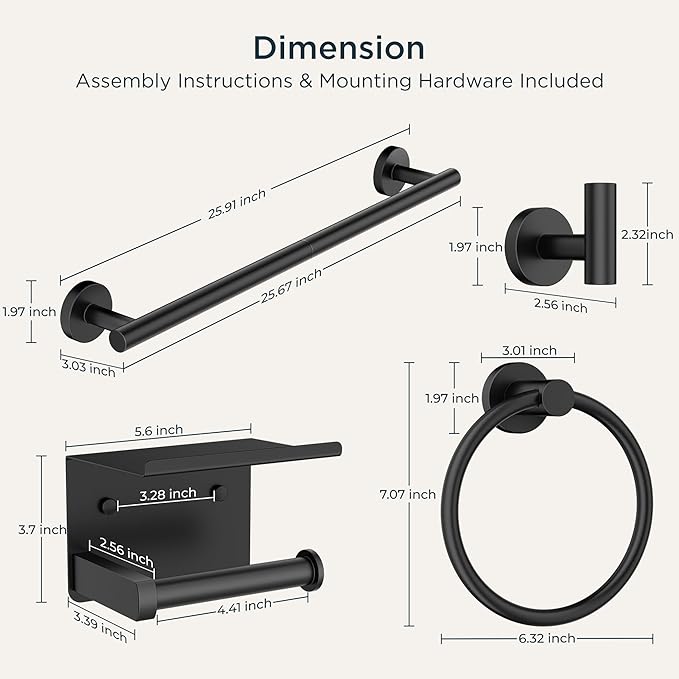 FORIOUS Bathroom Hardware Accessories Set, SUS304 Stainless Steel 24 Inch Towel Bar Set Wall Mounted, Modern Toilet Paper Holder with Shelf for Bathroom, 5 Pieces, Matte Black