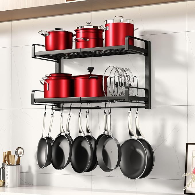19"- 30" Expandable Hanging Pot Rack, 2 Tier Heavy Duty Wall Mounted Pots and Pans Organizer with 10 Hooks and 5 Pot Lid Holders, Pot Hanger Shelf for Kitchen Cookware Utensils Organizers and Storage