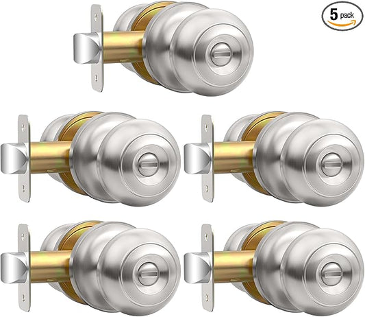 Brushed Nickel Door Knobs Interior Keyless Knob, Privacy Door Knob with Lock, 5 Pack Door Locks for Bedrooms Bathroom, Reversible for Left/Right Door Handle