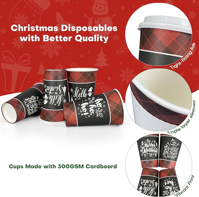 Disposable Coffee Cups with Lids for 100 Guests 16 oz, Christmas Buffalo Plaid Hot Cups for Coffee/Tea/Water/Juice, Xmas Premium Party Tableware Sets for Holiday, Winter, School, Family