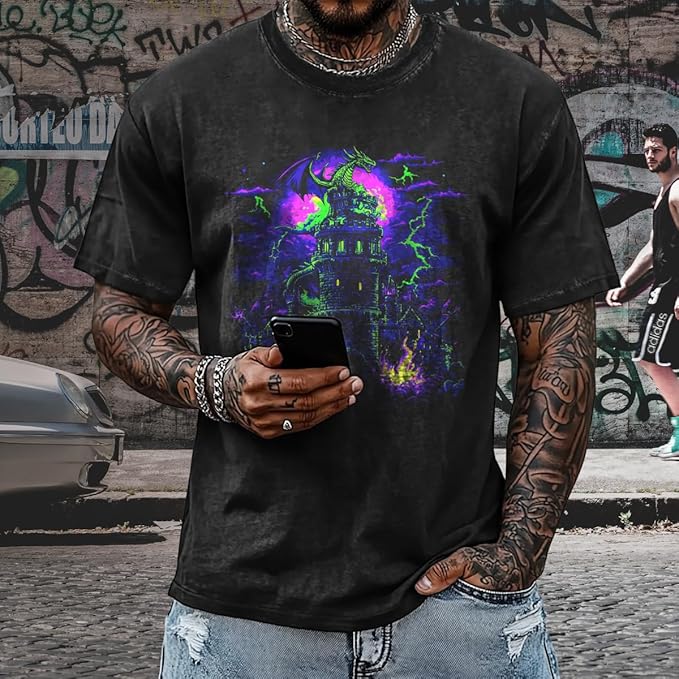 Mens Dragon Grpahic T-Shirts Short Sleeve 100% Cotton Crewneck Big and Tall Outdoor Summer Quick Dry Undershirts