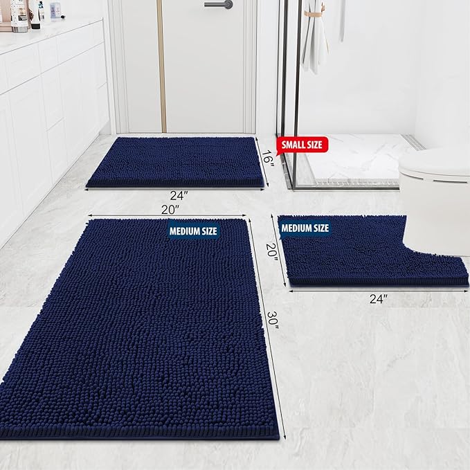 Smiry Luxury Chenille Bathroom Rugs 59x35, Extra Soft and Absorbent Shaggy Bath Mat, Machine Washable, Non-Slip Plush Carpet Runner for Tub, Shower, and Floor, Home Decor Accessories, Navy Blue