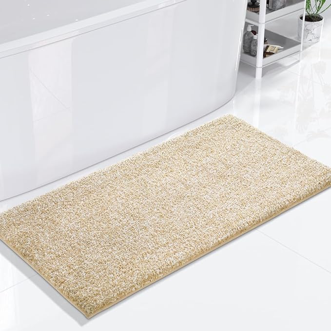 Yimobra Bathroom Runner Rug Non Slip Washable, Soft Absorbent Microfiber Long Bath Mat, Dual-Tone Decor Rug with Rubber Backing for Floor, Tub and Hallway,56x24,Home Essentials,Light Beige and White