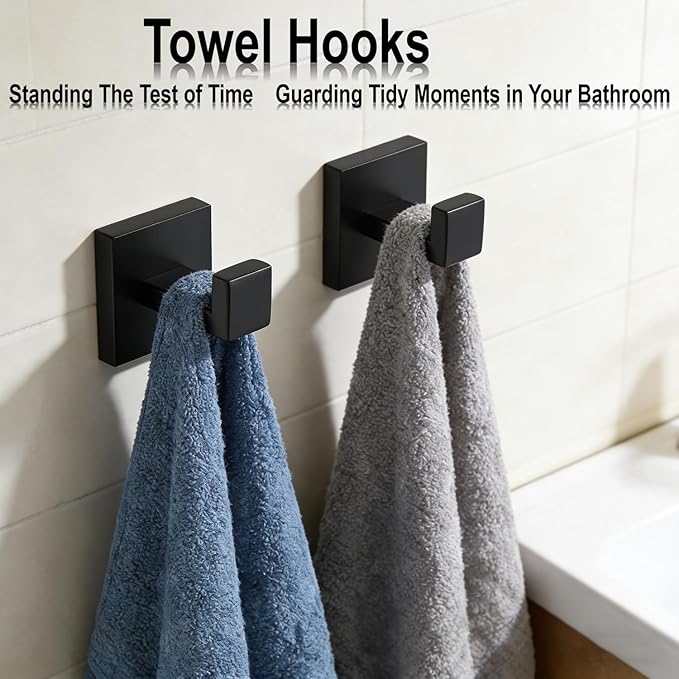 Bathroom Hardware Set 4 Piece Matte Black Bathroom Accessories Set SUS304 Towel Bar Set Includes Towel Bar 16 Inch+Towel Holder+Toilet Paper Holder+Towel Hook (4, Matte Black)