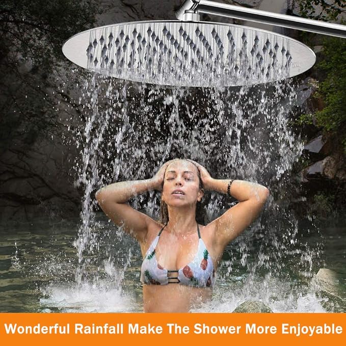 NearMoon Rain Shower Head with 11'' Adjustable Arm, High Pressure Stainless Steel Rainfall Shower, Ultra-Thin Design - Pressure Boosting (12 Inch, Chrome)