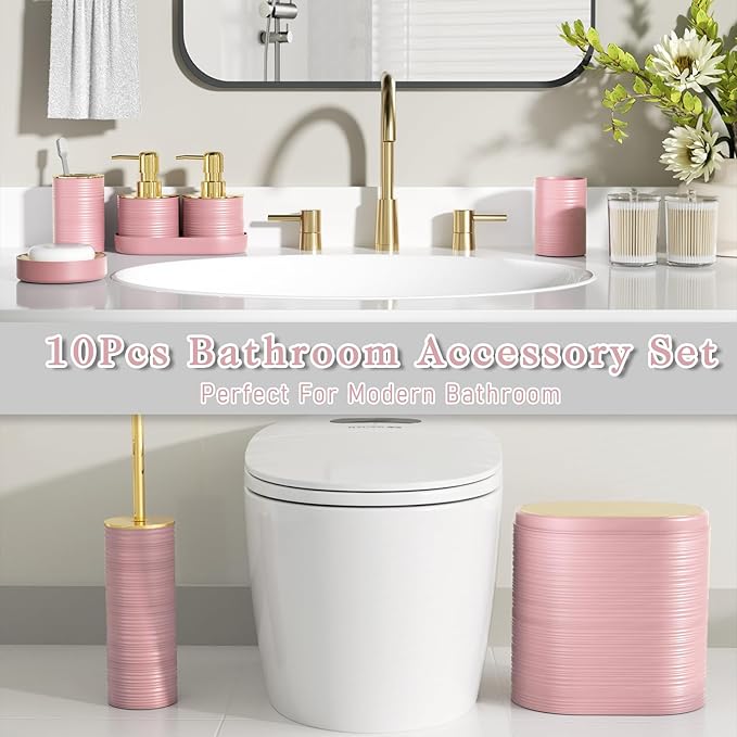 Bathroom Set, 10PC Bathroom Accessory Set, Pink Bathroom Accessories, Pink and Gold Bathroom Set with Trash Can, Soap Dispensers