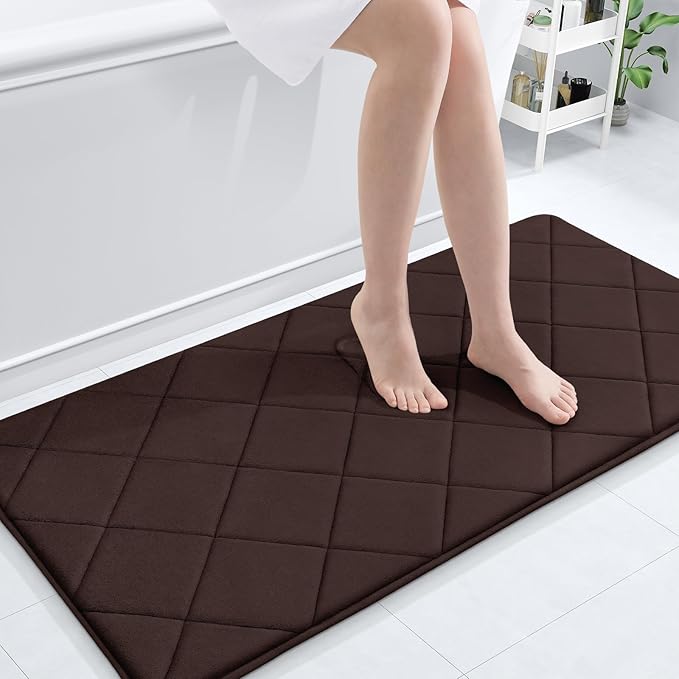OLANLY Memory Foam Bath Mat 47x24, Ultra Soft and Absorbent Bathroom Rugs, Machine Washable, Comfortable Bath Carpet for Bathroom Floor, Tub and Shower, Brown