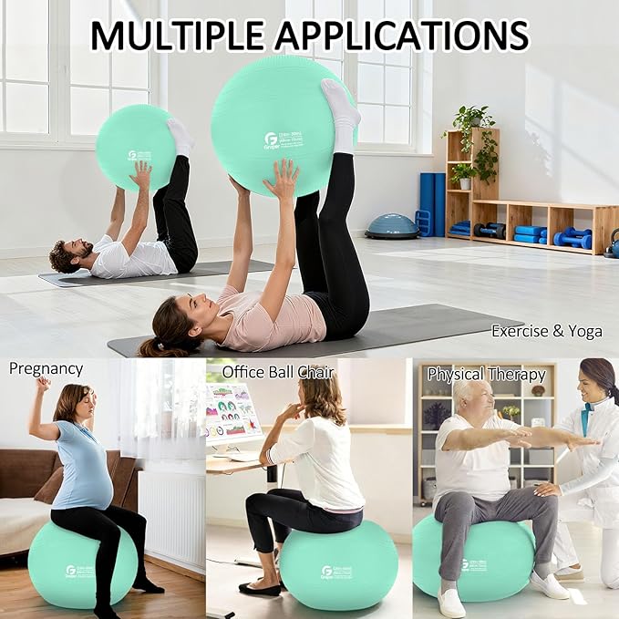 Gruper Yoga Ball, Multiple Sizes Non Slip Exercise Ball for Workout, Birthing, Balance, Stability, Pregnancy, 2200LB Capacity, Anti Burst Chair for Home and Office, Includes Quick Pump & Fitness Guide