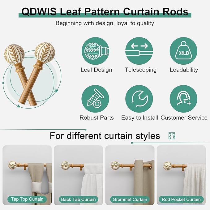 Boho Wood Curtain Rods for Windows 48 to 84 inch,1" Adjustable Heavy Duty Window Curtain Rod with Imitation Wood Grain Finials,Rustic Decorative Drapery Rods Set,Size:36-88'',Maple Wood