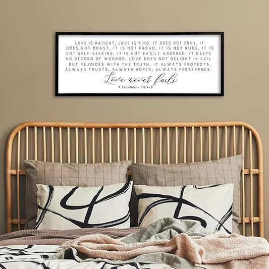 Love is Patient Kind Sign Wall Art 40"X15" 1 Corinthians 13 Bible Verse for Bedroom Above Over Bed Christianity Large Wood Framed Wall Hanging Decor (Black）