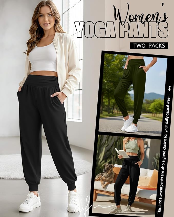 2 Pack Women's Yoga Joggers, Cozy Sweatpants with Pockets Casual Loose Comfy High Waisted Lounge Pants