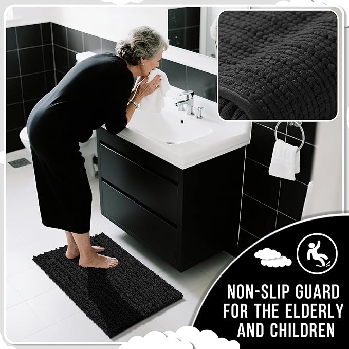 Yimobra Bathroom Runner Rug 55x24 Inch - Extra Long Non Slip Chenille Bath Mat, Soft & Absorbent, Machine Washable Shaggy Hallway Carpet for Vanity Tub Shower, Black Home Decor Accessories