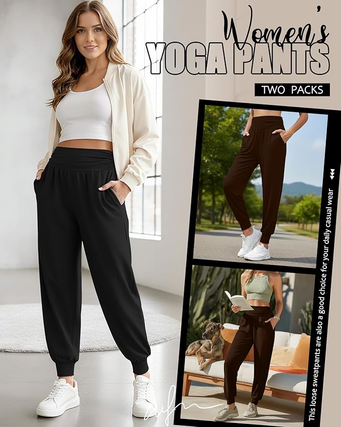 2 Pack Women's Yoga Joggers, Cozy Sweatpants with Pockets Casual Loose Comfy High Waisted Lounge Pants