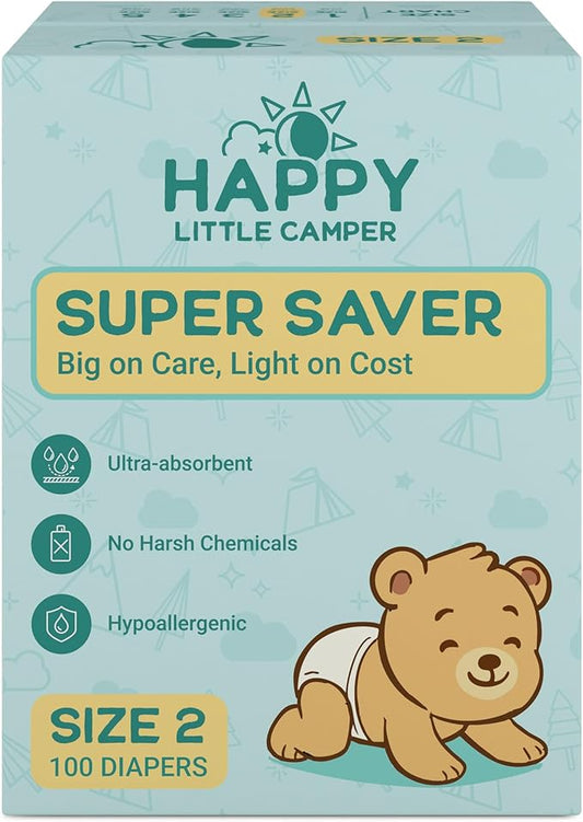 Happy Little Camper Super Saver Diapers, Size 2, 100 Count | Budget-Friendly Disposable Baby Diapers for Sensitive Skin | Hypoallergenic, Fragrance-Free, Ultra Absorbent