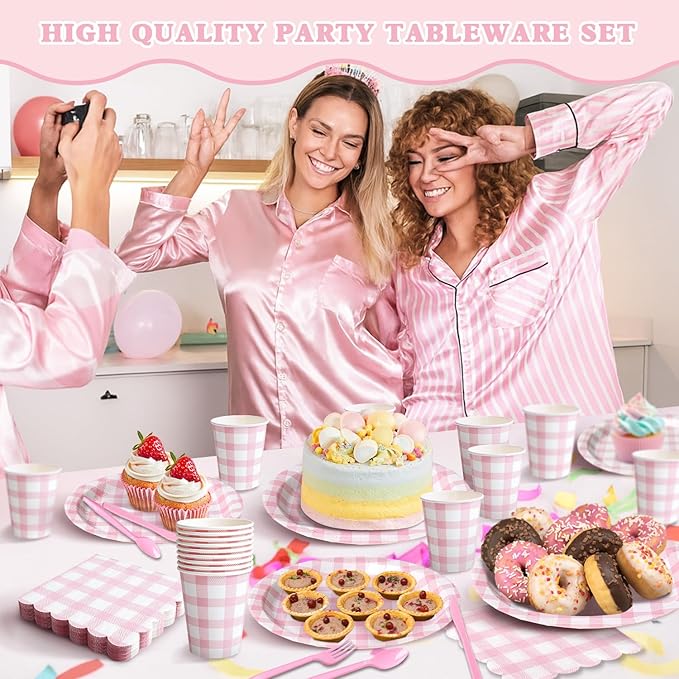 Vyntra 350 PCS Pink Gingham Party Supplies, Disposable 7 & 9 In Plates and Napkins, Cups, Knives, Forks, Spoons for Girl Birthday, Bridal Shower, Tea Party (PInk, Serves 50)