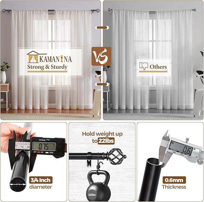 KAMANINA 2 Pack Curtain Rods 32 to 86 Inches (2.6-7.1ft), 3/4 Inch Black Curtain Rods for Windows Splicing Adjustable Single Drapery Rod with Twisted Cage Finial, for Indoor and Outdoor