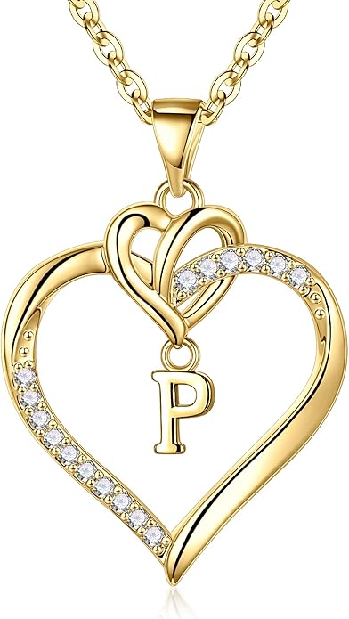 STORUP Christmas Gifts for Women Teen Girls - Heart Initial Necklaces for Women Girls, 14K-Gold-Plated Cubic Zirconia Initial A-Z Pendant Dainty Heart Necklaces for Teen Girl Jewelry Birthday Gifts