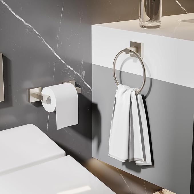 Ruacq Brushed Nickel Toilet Paper Holder Towel Ring Bathroom Accessories Hardware Set Double Post Pivoting Toilet Roll Holder Square Stainless Steel and Zinc Alloy Modern Wall Mounted 2 Pieces