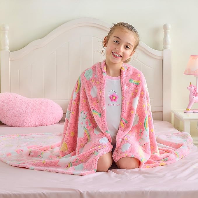 Wajade Rainbow Gifts Toys for Girls - Glow in The Dark Rainbow Blanket Birthday Christmas Decor for Kids Age 3 4 5 6 7 8 9 10 11 12 Years Old Teens Child Toddler Throw Pink 60"x80"