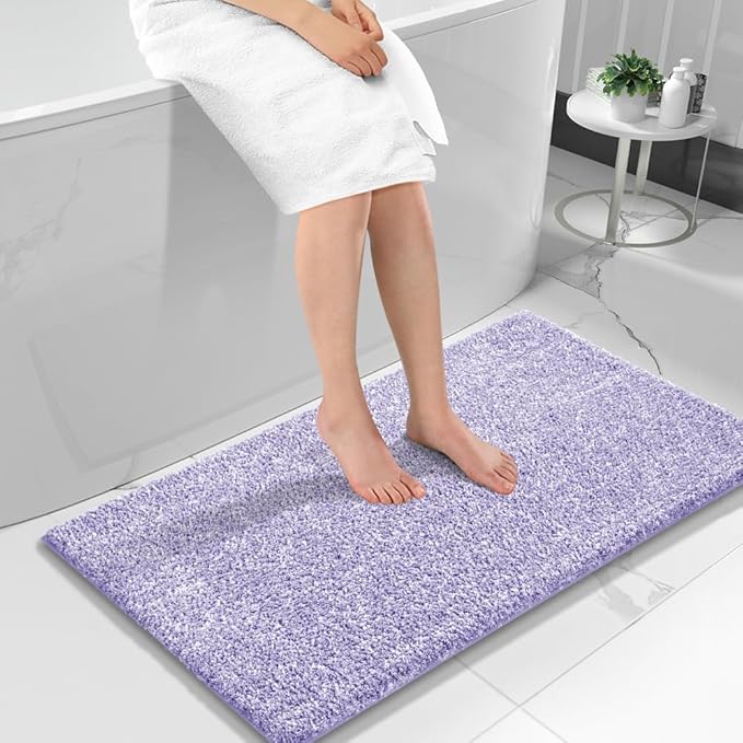 Yimobra Long Bathroom Rug Non Slip Washable, Soft Absorbent Microfiber Bath Mat, Dual-Tone Decor Rug with Rubber Backing for Bathroom Floor Tub and Shower,44x24,Home Essentials,Purple and White