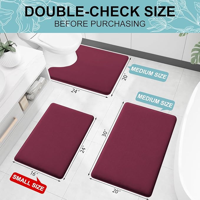 Smiry Memory Foam Bath Mat 36x24, Extra Soft and Absorbent Bathroom Mats, Non Slip Washable Carpet for Floor, Shower and Tub, Burgundy