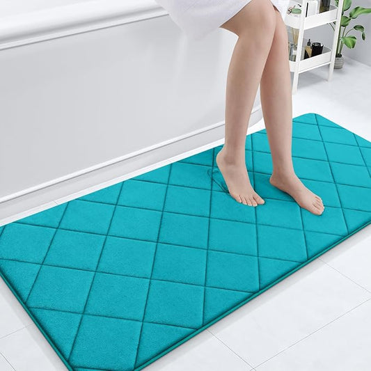 OLANLY Memory Foam Bath Mat 70x24, Ultra Soft and Absorbent Bathroom Rugs, Machine Washable, Comfortable Bath Carpet for Bathroom Floor, Tub and Shower, Teal