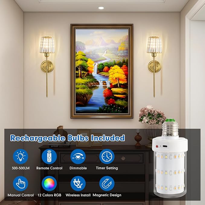 Crystal Battery Operated Wall Sconces, Gold RGB Rechargeable Wireless Wall Sconce with Remote for Wall Decor Bedroom Living Room 1 Bulbs Included