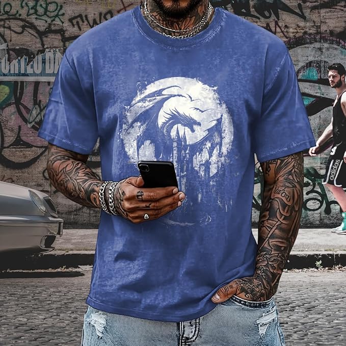 Mens Dragon Grpahic T-Shirts Short Sleeve 100% Cotton Crewneck Big and Tall Outdoor Summer Quick Dry Undershirts