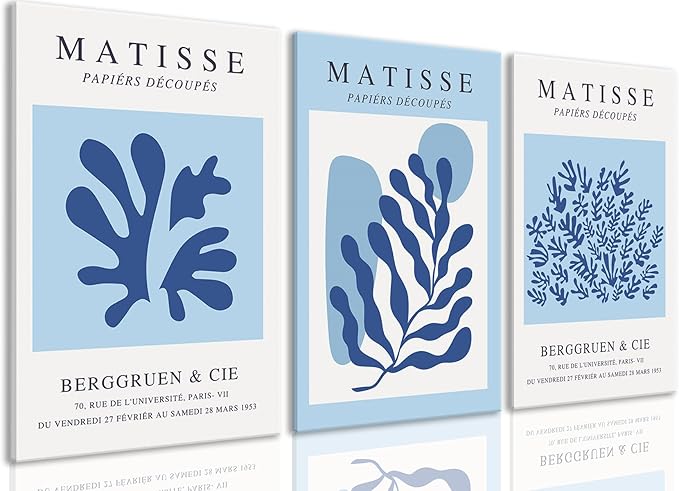 BingruiArt Blue Matisse Wall Art Canvas Boho Flower Set of 3 Minimalist Plant Leaves Painting Abstract Pictures Aesthetic Prints Home Decor for Living Room Bedroom Bathroom 12"x16" Framed
