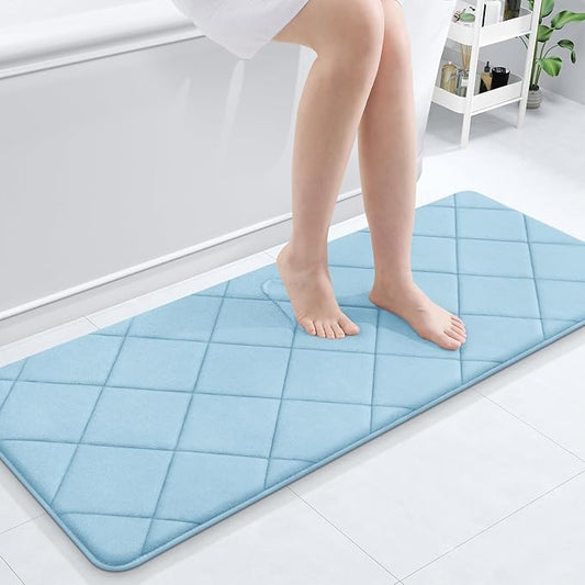 OLANLY Memory Foam Bath Mat 47x20, Ultra Soft and Absorbent Bathroom Rugs, Machine Washable, Comfortable Bath Carpet for Bathroom Floor, Tub and Shower, Sky Blue