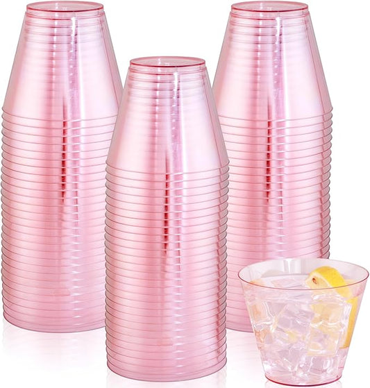 Ciaell 300PCS Clear Pink Plastic Cups - 9 Oz Heavy Duty Plastic Cups - Clear Party Cup Disposable Wine Cup for Parties & Weddings & Party