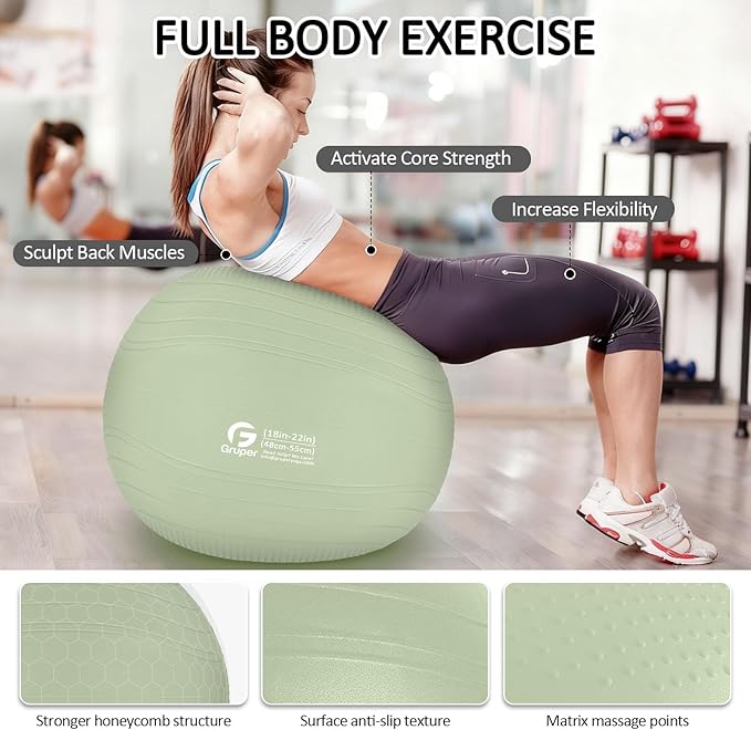 Gruper Yoga Ball, Multiple Sizes Non Slip Exercise Ball for Workout, Birthing, Balance, Stability, Pregnancy, 2200LB Capacity, Anti Burst Chair for Home and Office, Includes Quick Pump & Fitness Guide