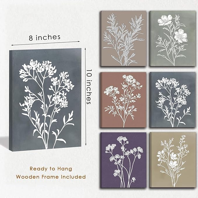 WALTSOM Framed Boho Floral Wall Art, Minimalist Botanical Canvas Prints, Vintage Farmhouse Flower Wall Decor for Bedroom, Bathroom, Kitchen (Framed, 8x10in, Set of 6)